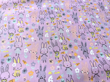 Lilac Purple Sally Polycotton Spring Bunny Rabbit Easter Fabric, Festive Fabric, Holiday Fabric